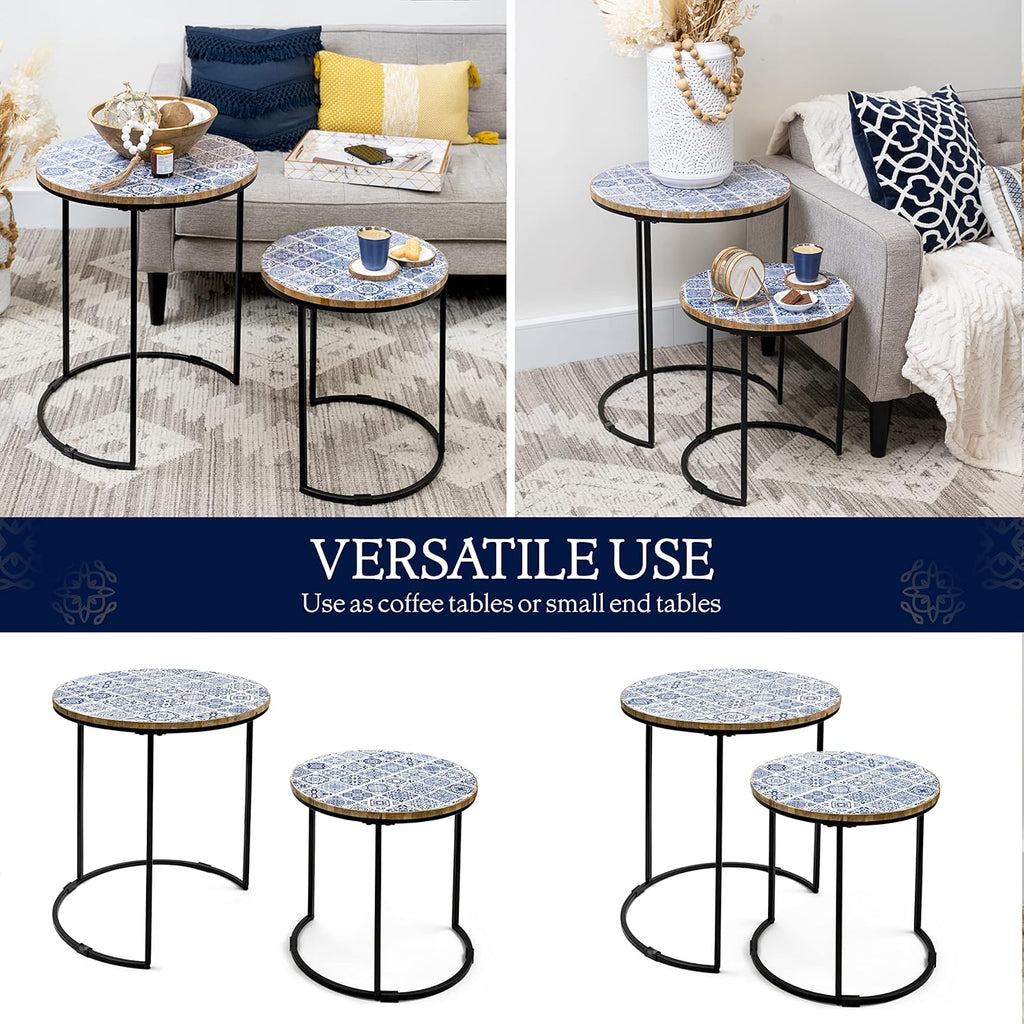 Blue and White Set of 2 Side Tables with Metal Frame and Wooden Top W8964