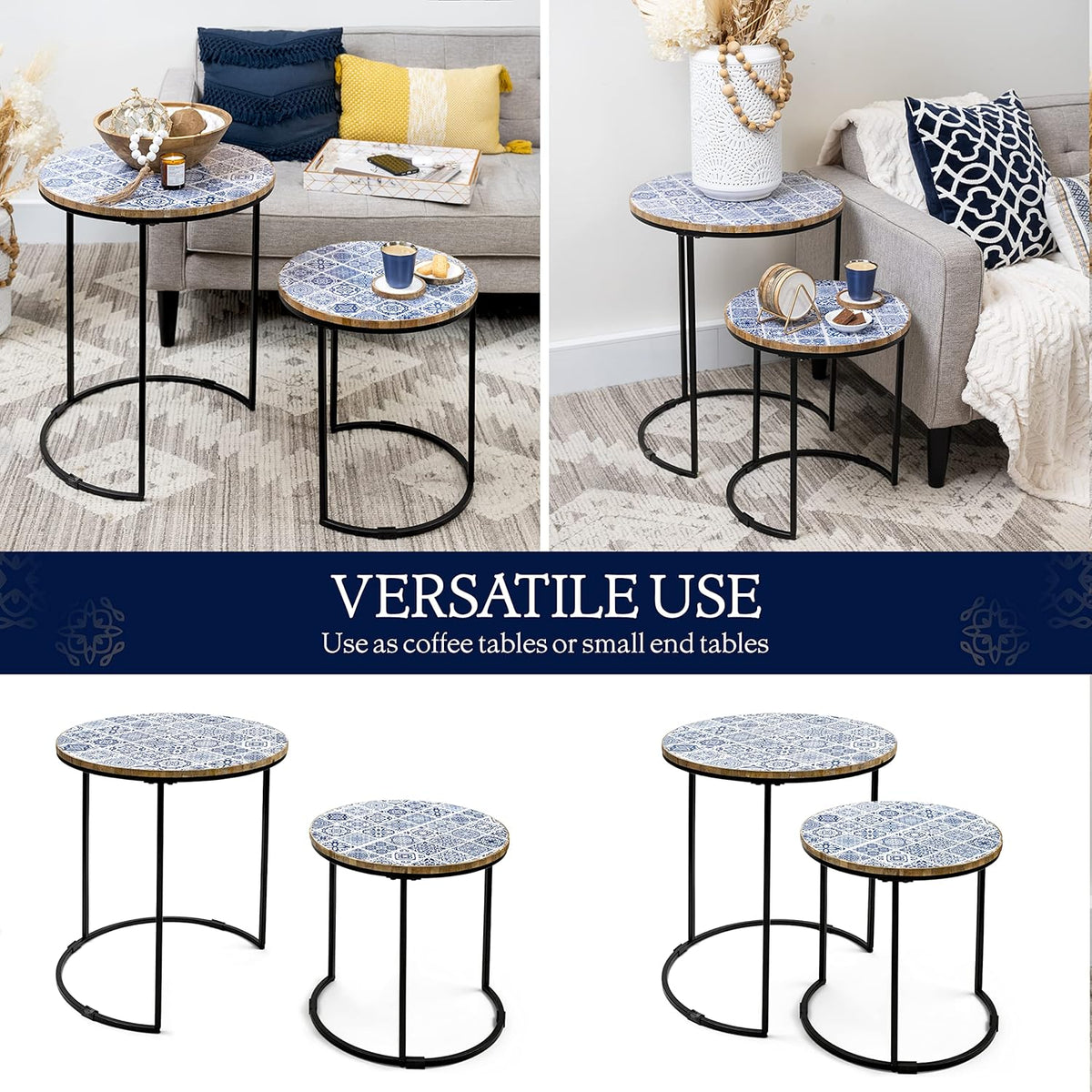 Blue and White Set of 2 Side Tables with Metal Frame and Wooden Top W8964