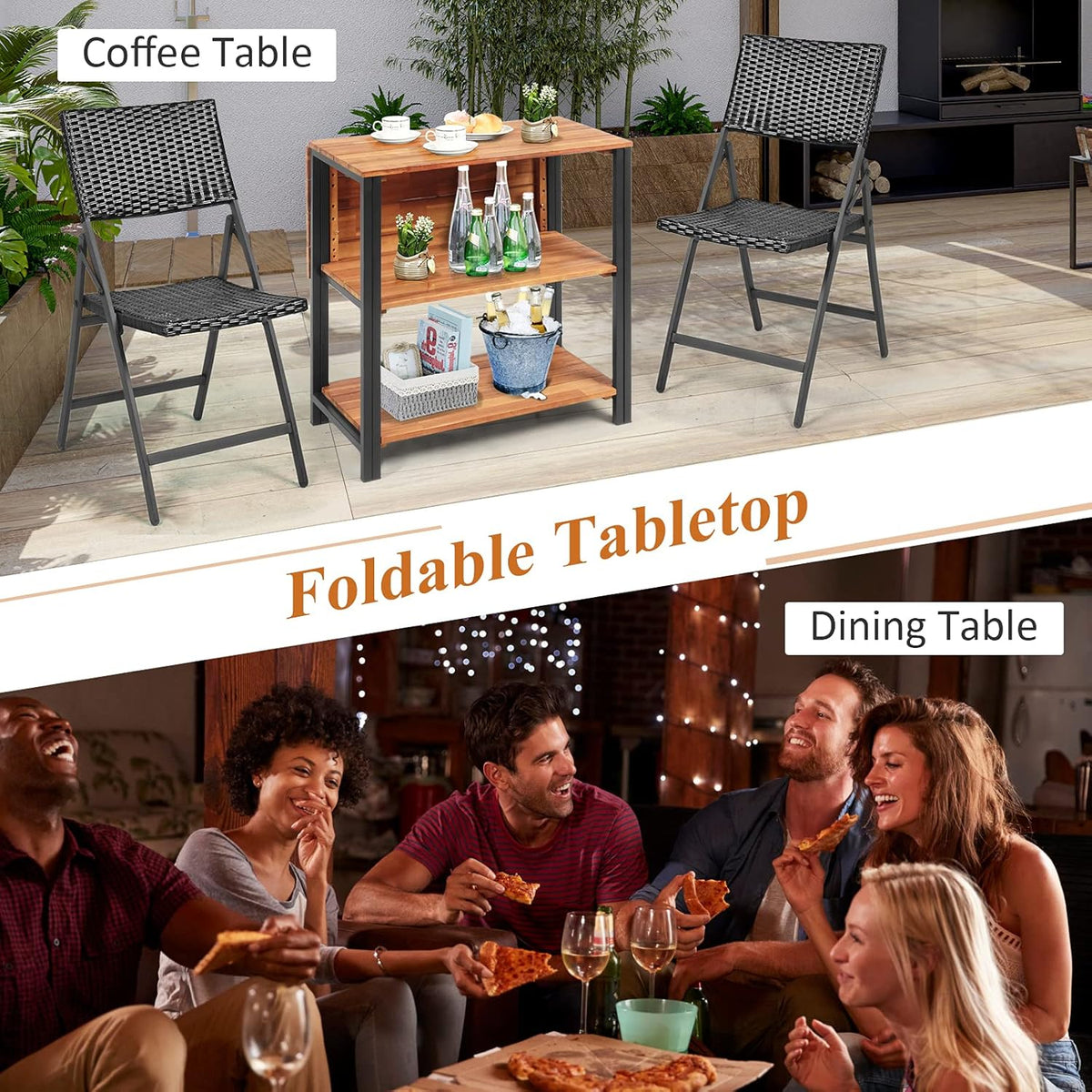 Acacia Wood Folding Patio Table with 2 Storage Shelves V15147