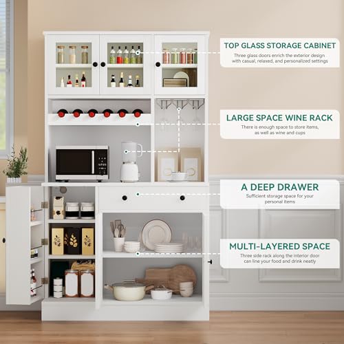 Grey Tall Kitchen Pantry Cabinet with Doors, Shelves, Drawer, Wine Rack, Power Outlet A2036