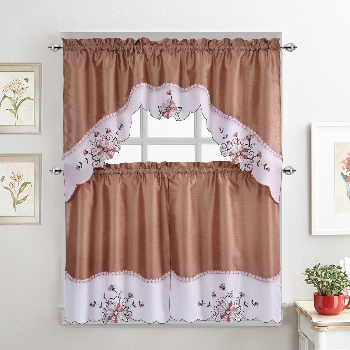 Pink 3-Piece Kitchen Curtain Tiers & Swag Set, 58x36 & 28x36 inches O501