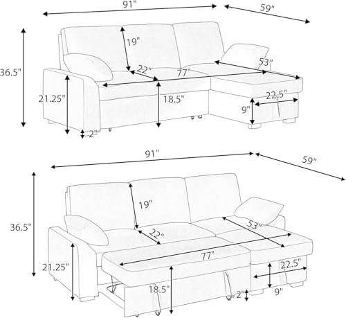 86 Inch Chenille L Shaped Sleeper Sectional Sofa with Storage Chaise Y7417