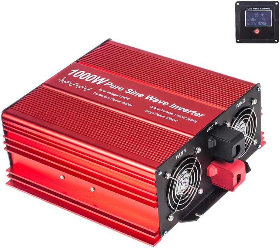 2000W Pure Sine Wave Inverter 12V to 120V AC with 2 AC Outlets, DC5V 2 Amp USB Output, LCD Wire Remote Kit and OFC Battery Cables M5196