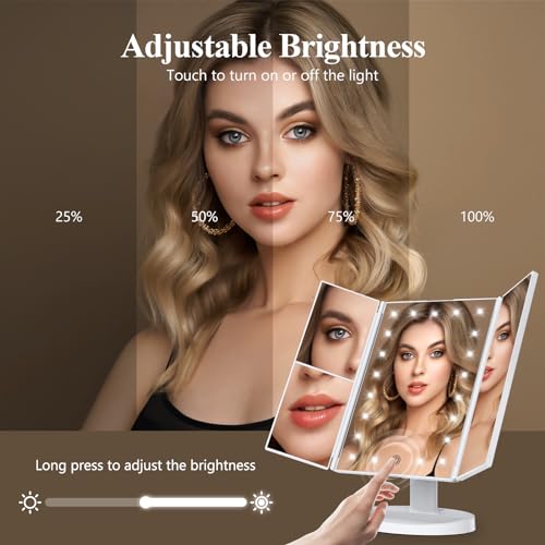 White Trifold Makeup Mirror with Lights W271