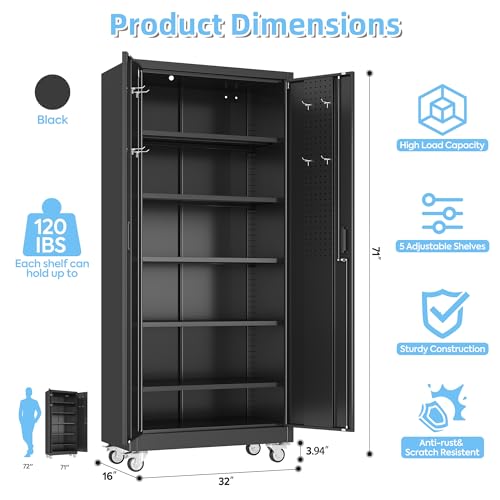 73''H White Metal Storage Cabinet with Wheels and Pegboards C90960