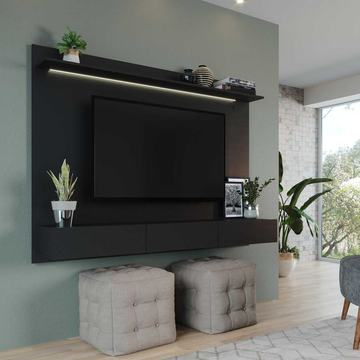 70" Black Floating TV Stand with LED Lights and Drawers C6324