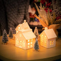 7PCS Christmas Village Sets - 3 LED Lighted Ceramic White Christmas Village Houses with Remote & 4 Trees P9499