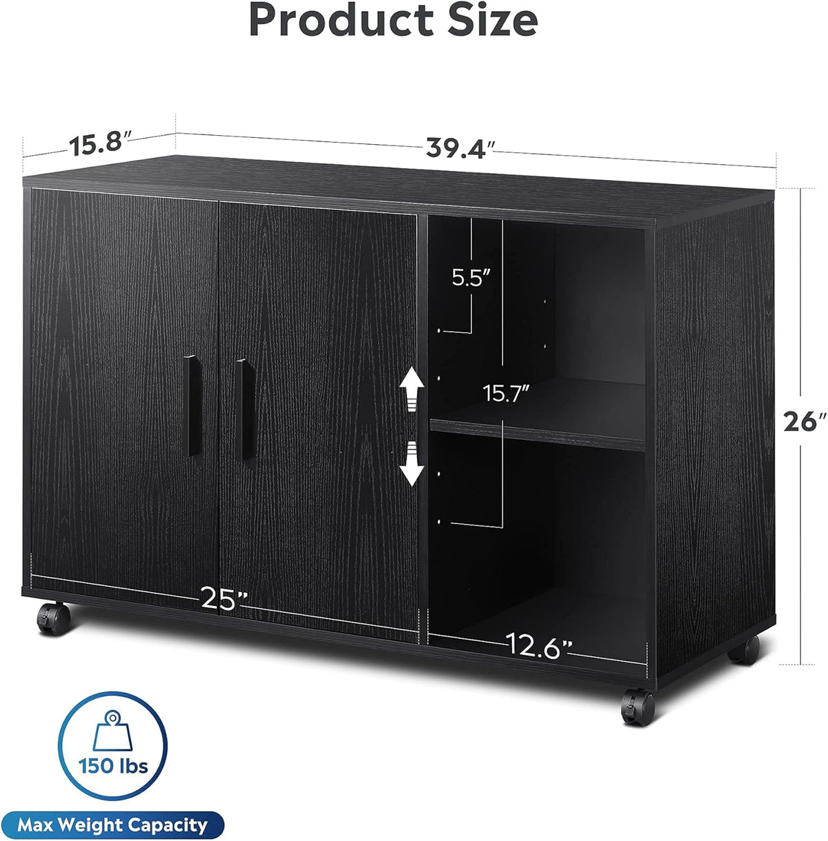 Black Wood Rolling File Cabinet with Dual Doors L10729