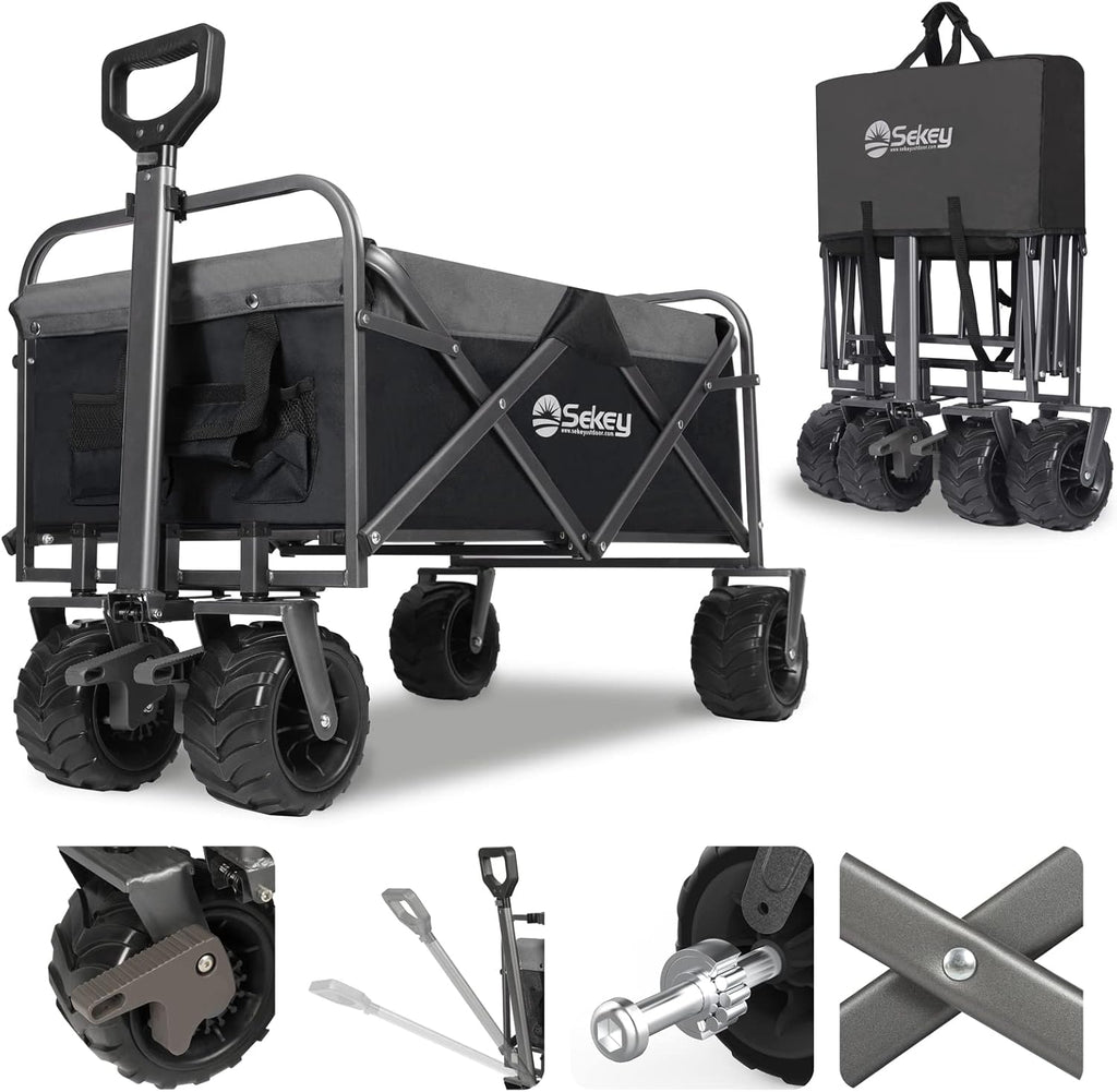 Red Collapsible Folding Wagon Cart with Brake, All Terrain Wheels V4810