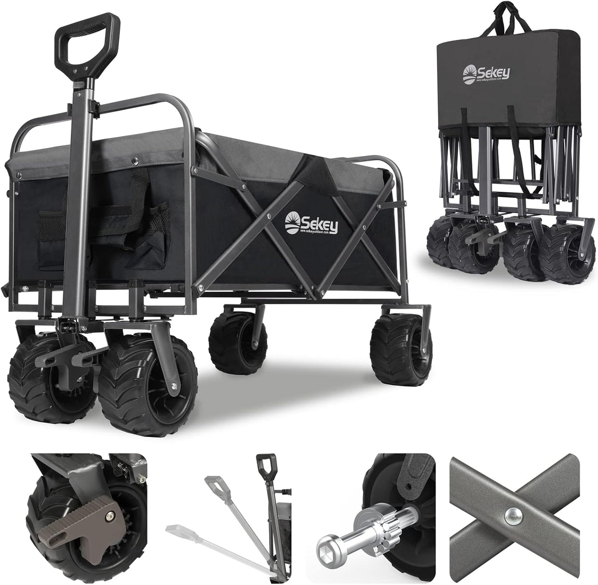 Red Collapsible Folding Wagon Cart with Brake, All Terrain Wheels V4810