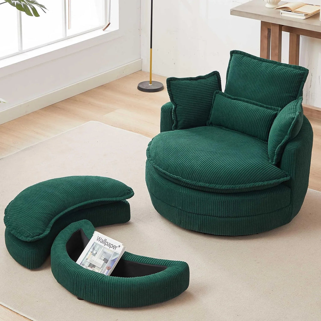 Beige Corduroy Tufted Swivel Accent Chair with Ottoman Q837