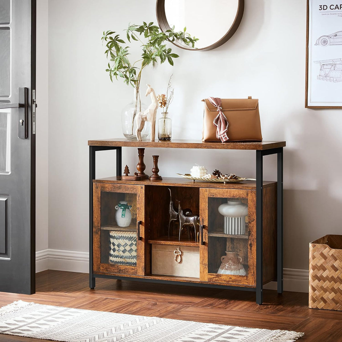 Rustic Brown and Black Buffet Cabinet with Glass Doors D755988