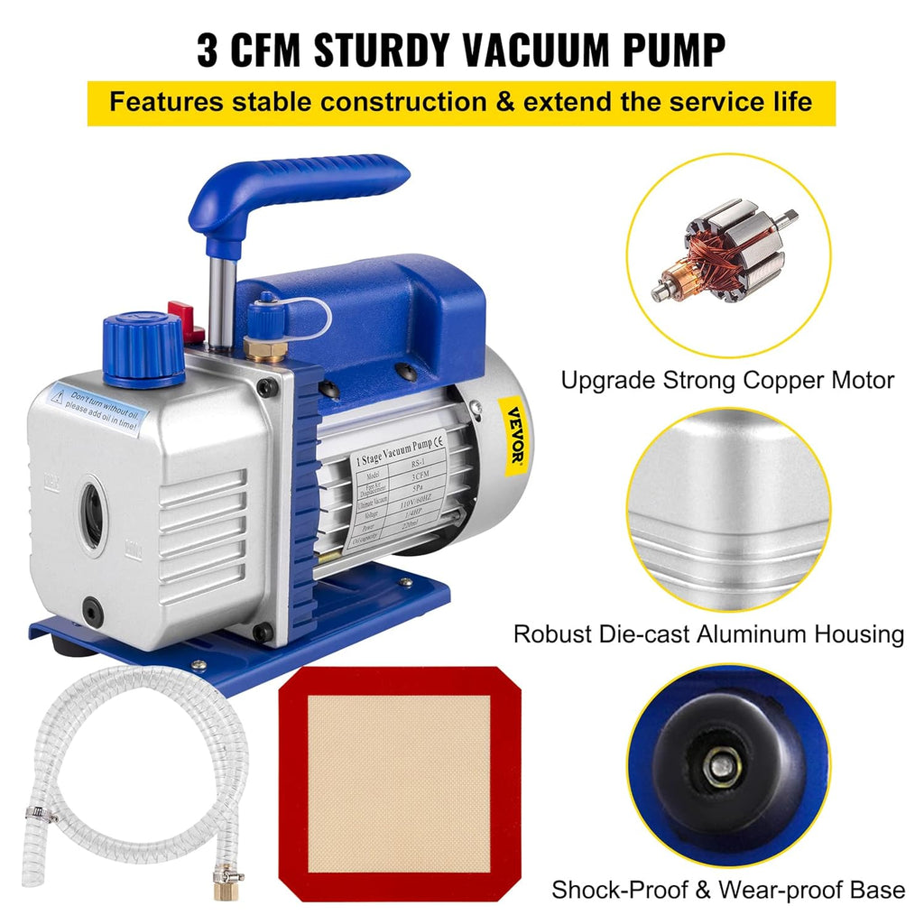 3CFM Single Stage 1/4HP Vacuum Pump with 1 Gallon Vacuum Degassing Chamber M28603