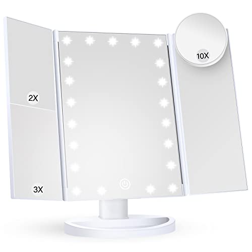 White Trifold Makeup Mirror with Lights W271