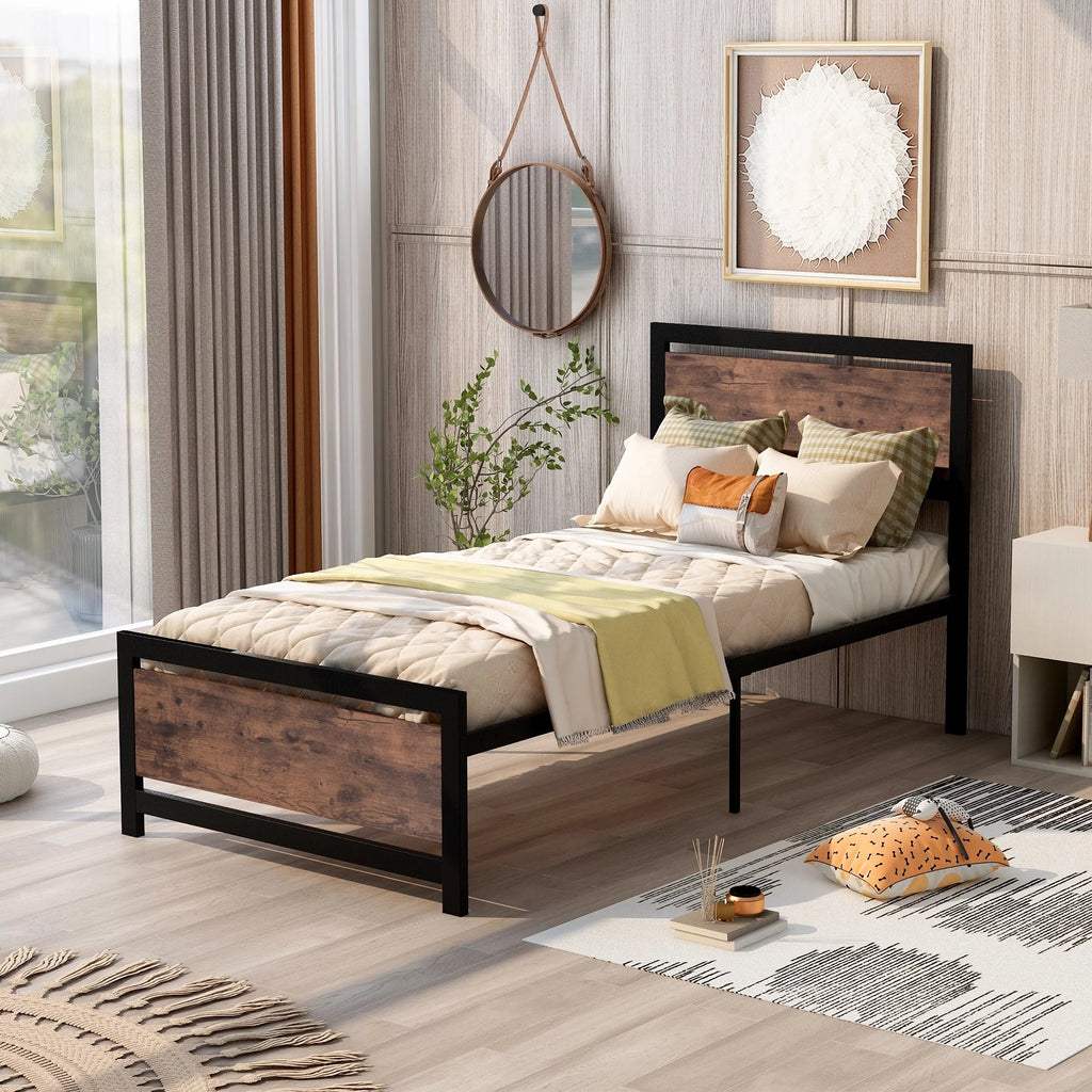 Black Twin Size Metal and Wood Platform Bed T7787