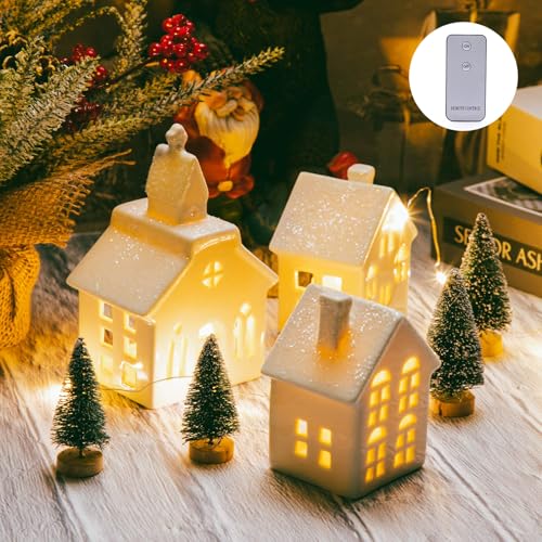 7PCS Christmas Village Sets - 3 LED Lighted Ceramic White Christmas Village Houses with Remote & 4 Trees P9499