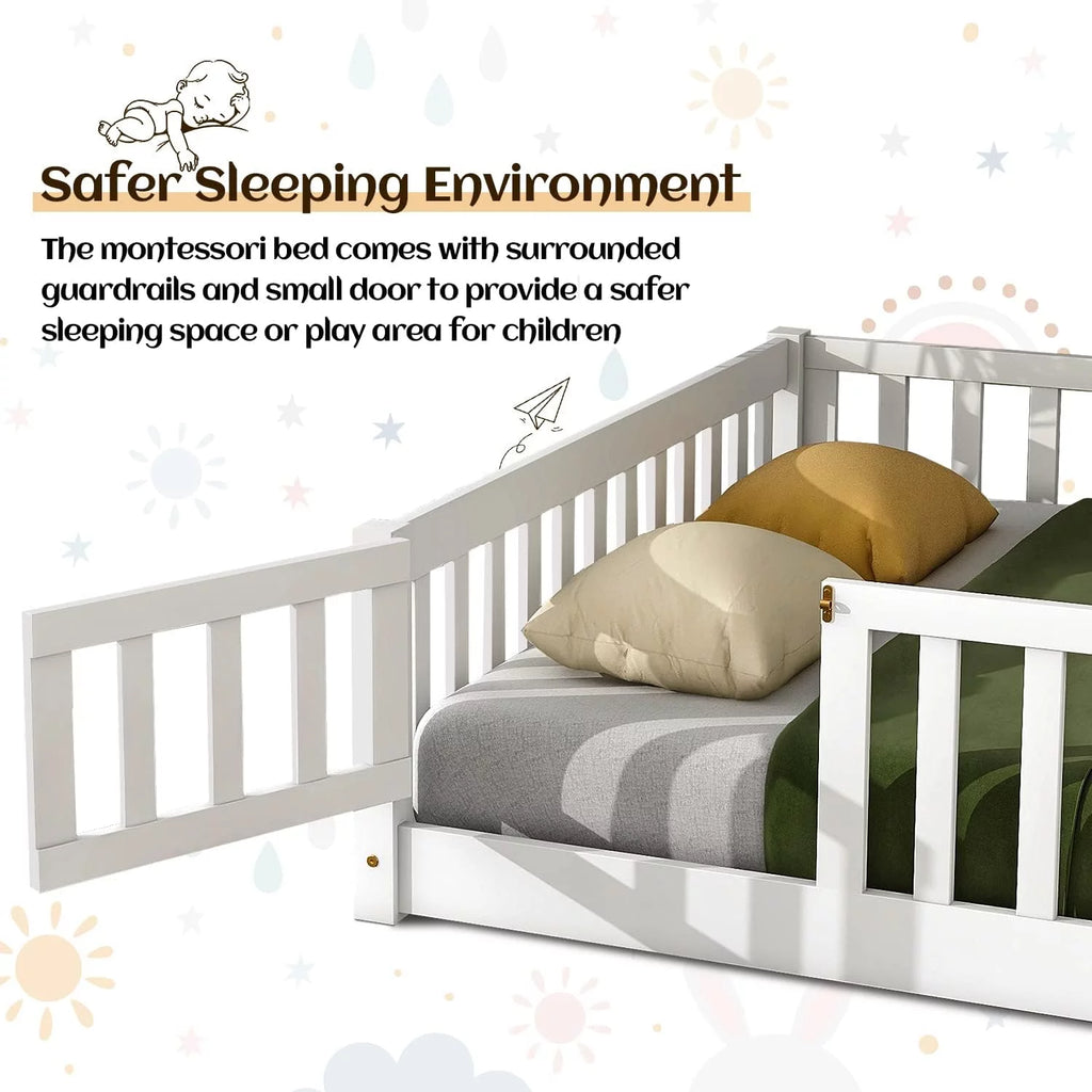 White Twin Floor Bed Frame with Fence and Wood Slats L981579