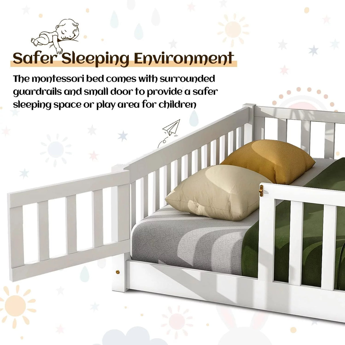 White Twin Floor Bed Frame with Fence and Wood Slats L981579