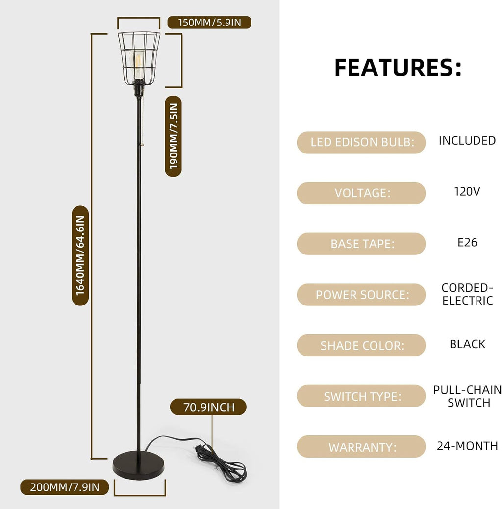 Black Industrial Floor Lamp with Metal Cage Shade F62013