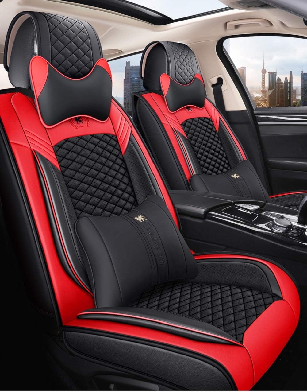 Black & Pink Leather Car Seat Covers 5 Seats Full Set K11702