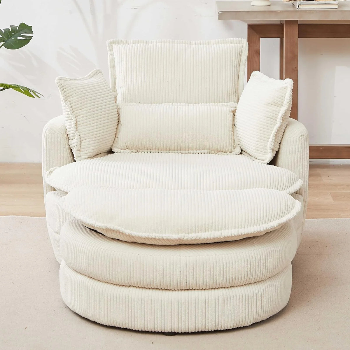 Beige Corduroy Tufted Swivel Accent Chair with Ottoman Q837
