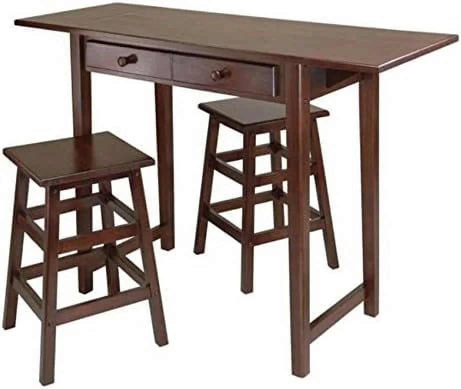 Double Drop Leaf Table with 2 Stools Solid Wood Cappuccino L1023