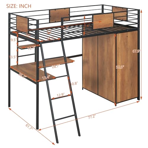 Twin Size Metal Wood Loft Bed Frame with Desk Stairs Storage Wardrobe A116