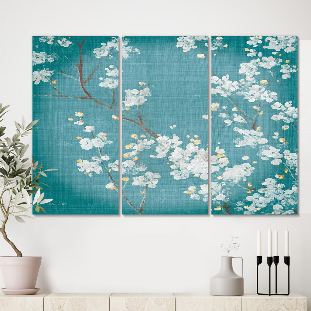 Blue Cherry Blossoms Cabin & Lodge Canvas Art 3 Panels N6193
