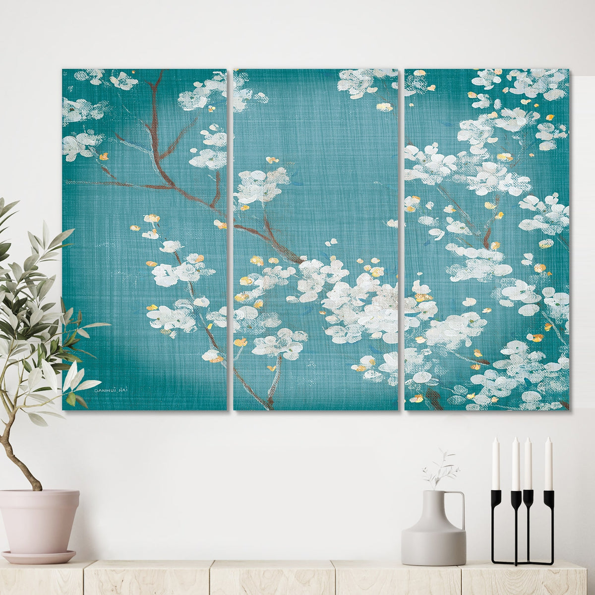 Blue Cherry Blossoms Cabin & Lodge Canvas Art 3 Panels N6193