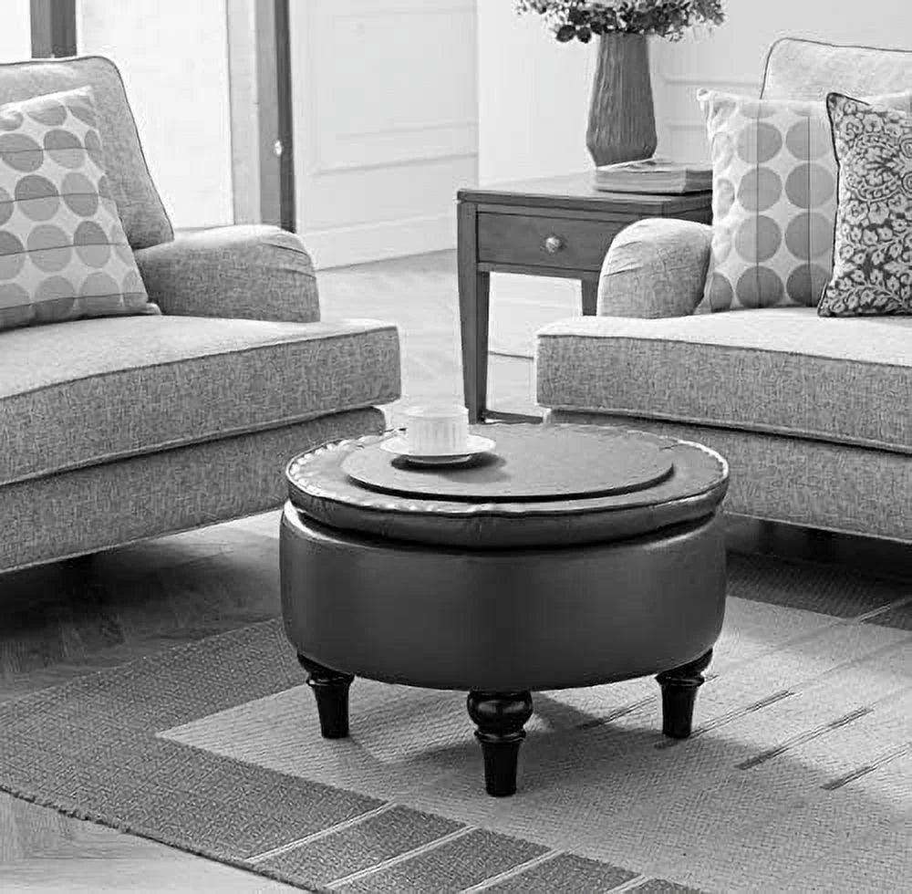 Faux Leather Round Ottoman with Tray Top W5177