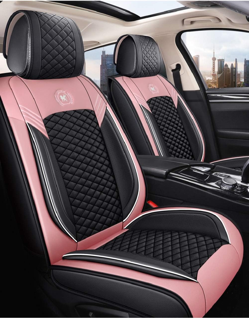 Black & Pink Leather Car Seat Covers 5 Seats Full Set K11702