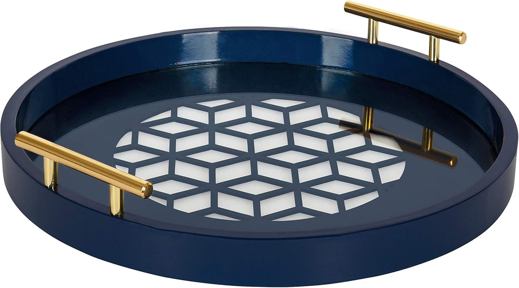 Navy and Gold Round Decorative Tray with Metal Handles I9752