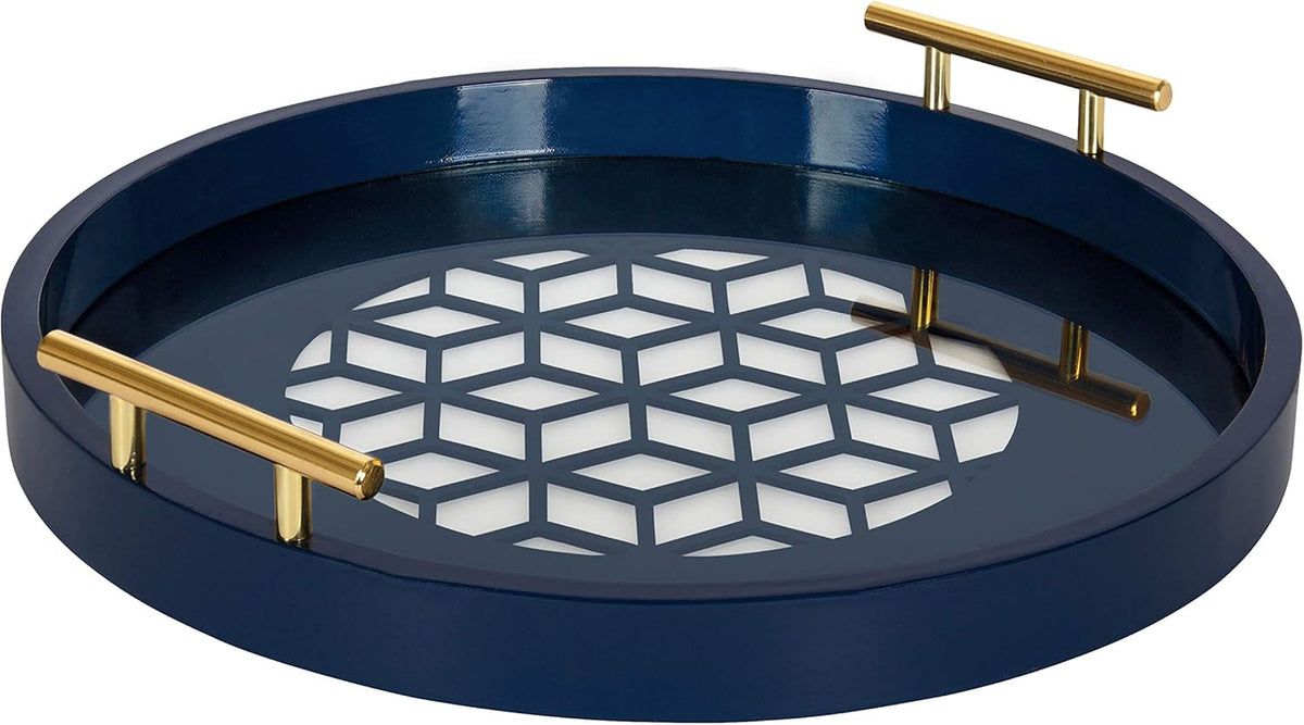 Navy and Gold Round Decorative Tray with Metal Handles I9752