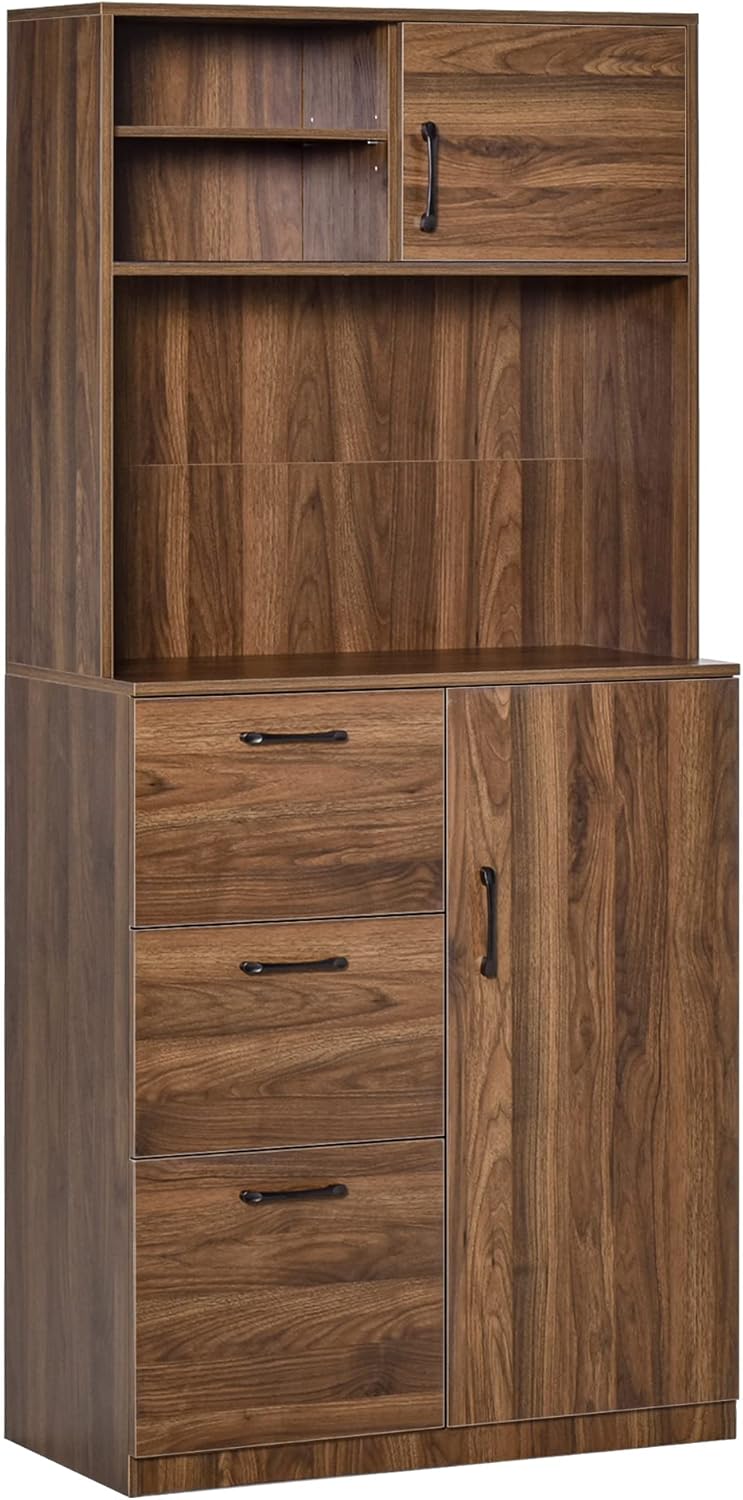Walnut Kitchen Buffet Hutch with 3 Drawers and Sliding Door W172
