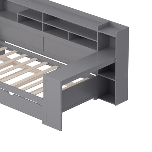 Gray Twin Corner Bed Frame with Storage Shelves and Desk Q35416