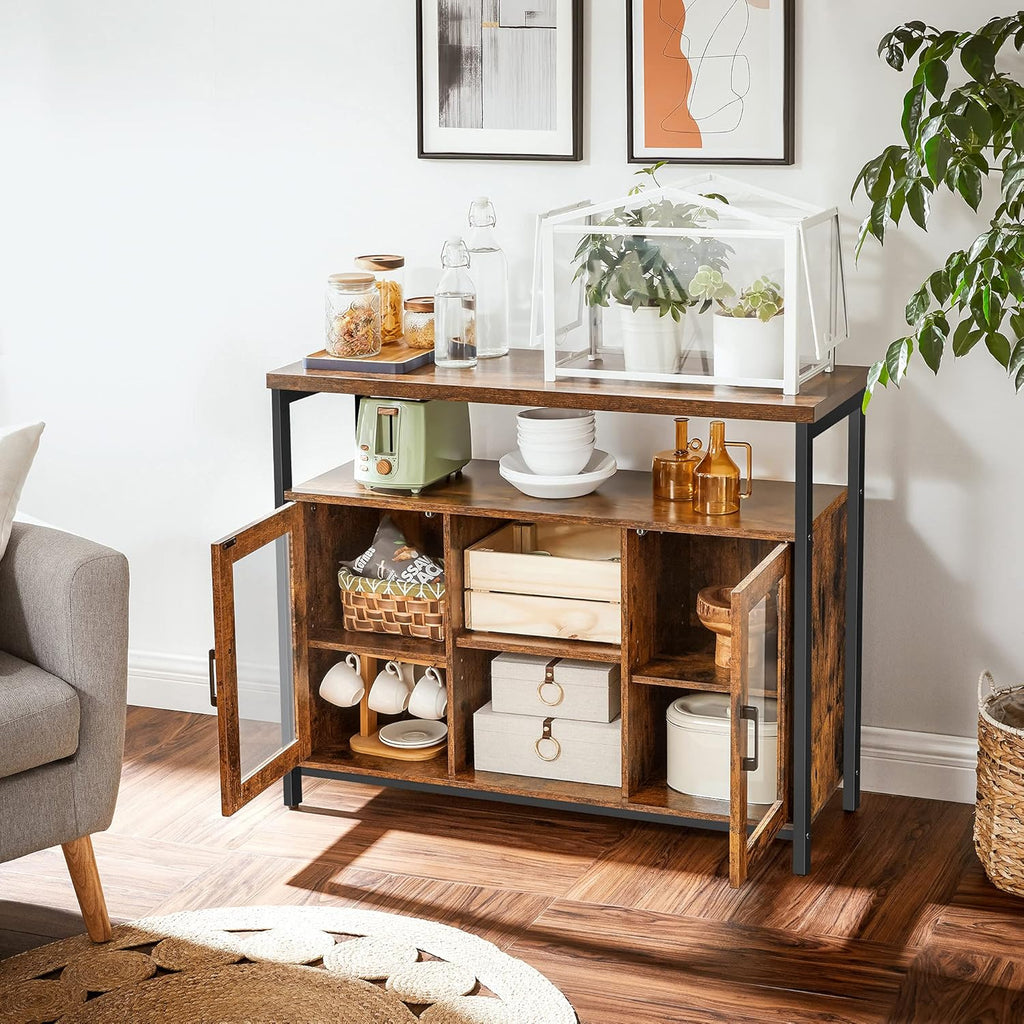 Rustic Brown and Black Buffet Cabinet with Glass Doors D755988