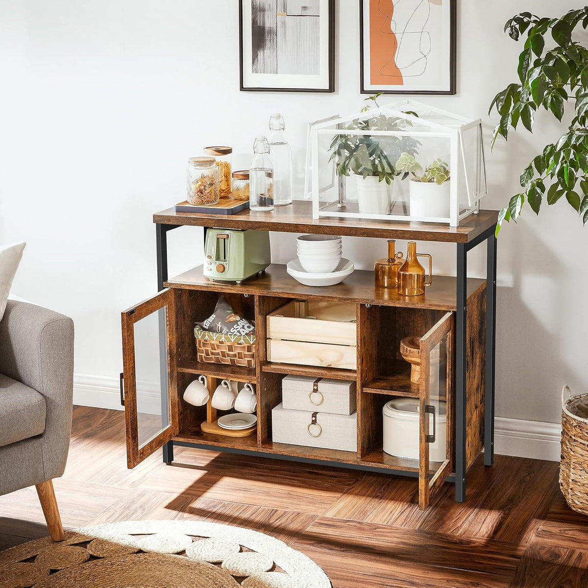 Rustic Brown and Black Buffet Cabinet with Glass Doors D755988