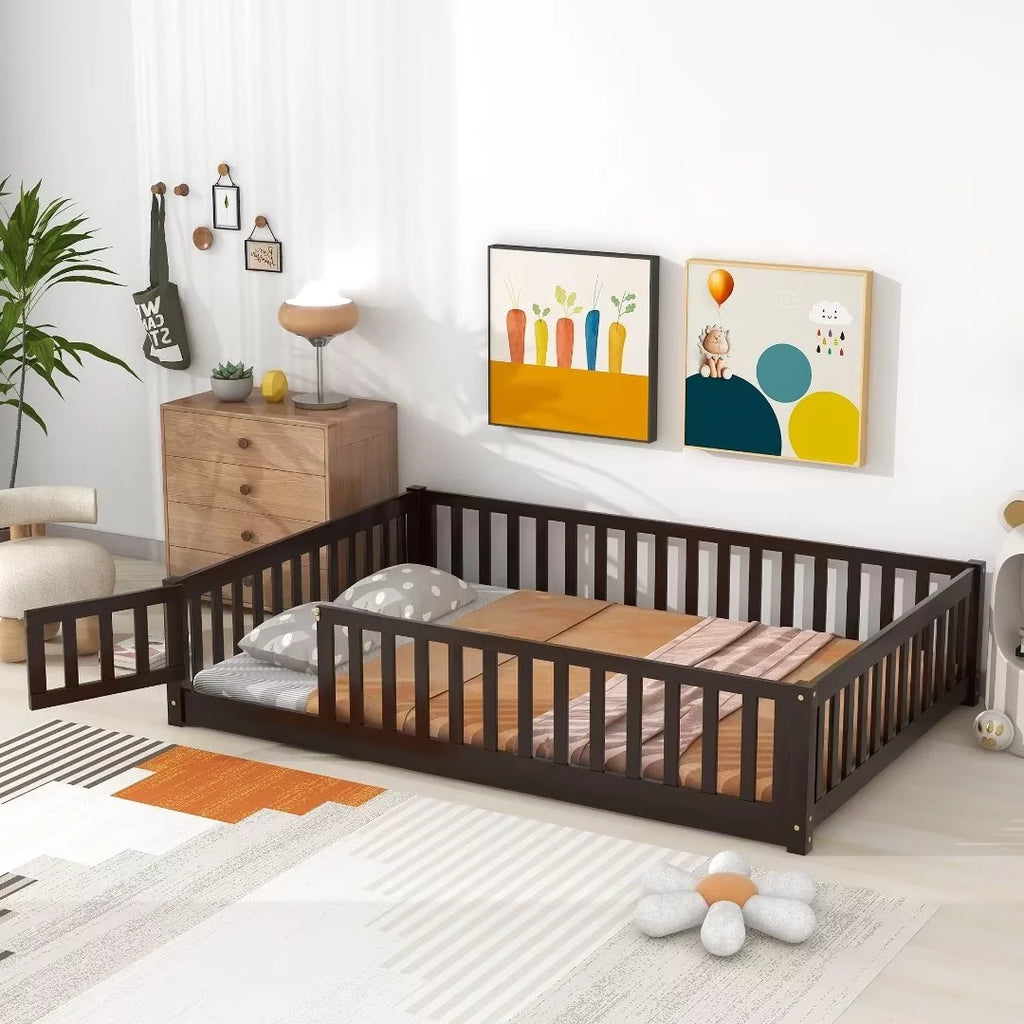 White Twin Floor Bed Frame with Fence and Wood Slats L981579