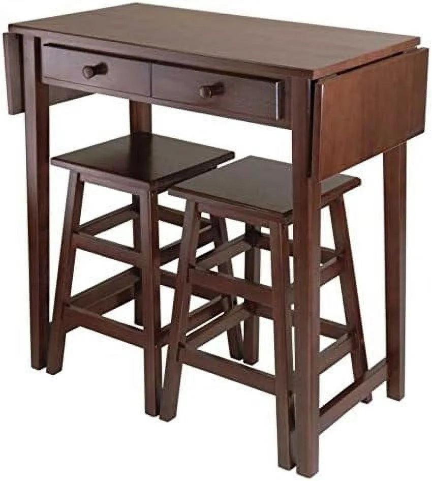Double Drop Leaf Table with 2 Stools Solid Wood Cappuccino L1023