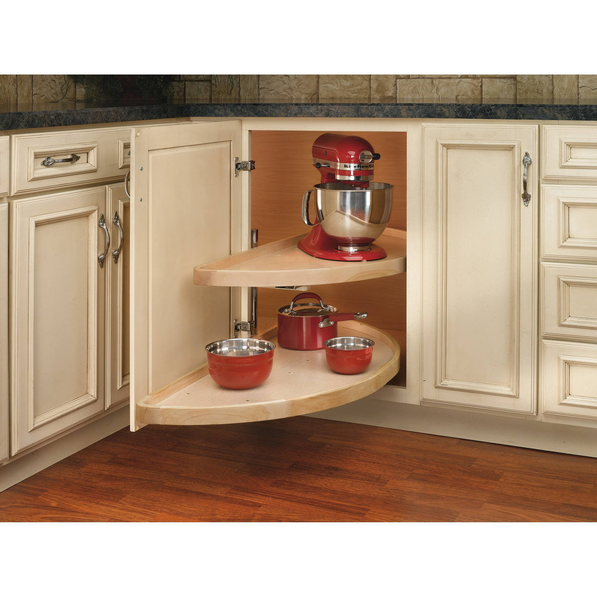 35x22 Natural Wood 2 Shelf Half-Moon Lazy Susan N129