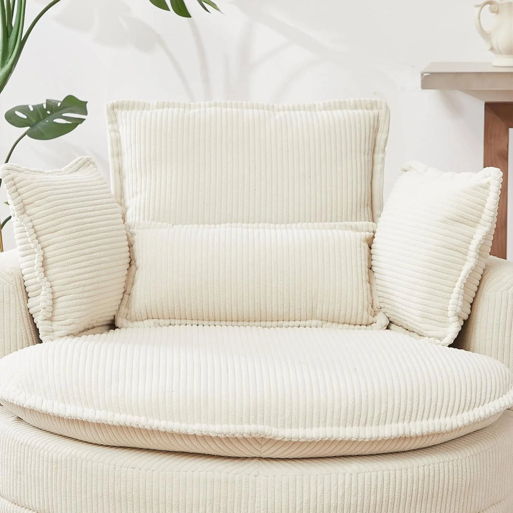 Beige Corduroy Tufted Swivel Accent Chair with Ottoman Q837
