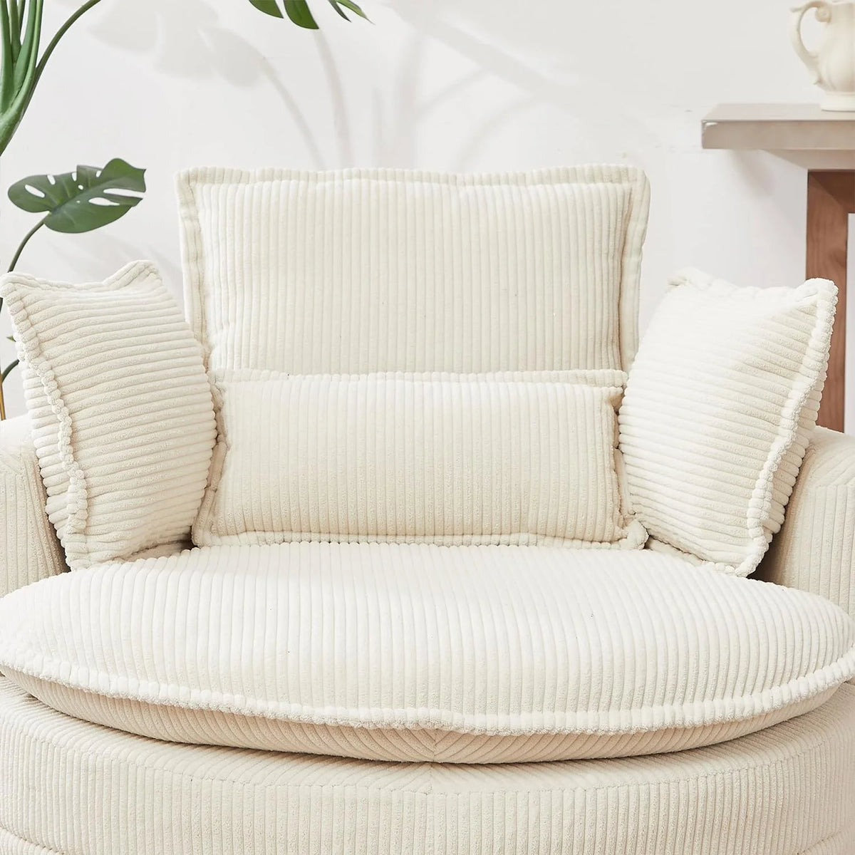 Beige Corduroy Tufted Swivel Accent Chair with Ottoman Q837