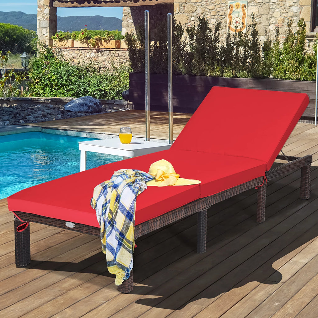 Red Adjustable Cushioned Rattan Chaise Lounge Chair M10180