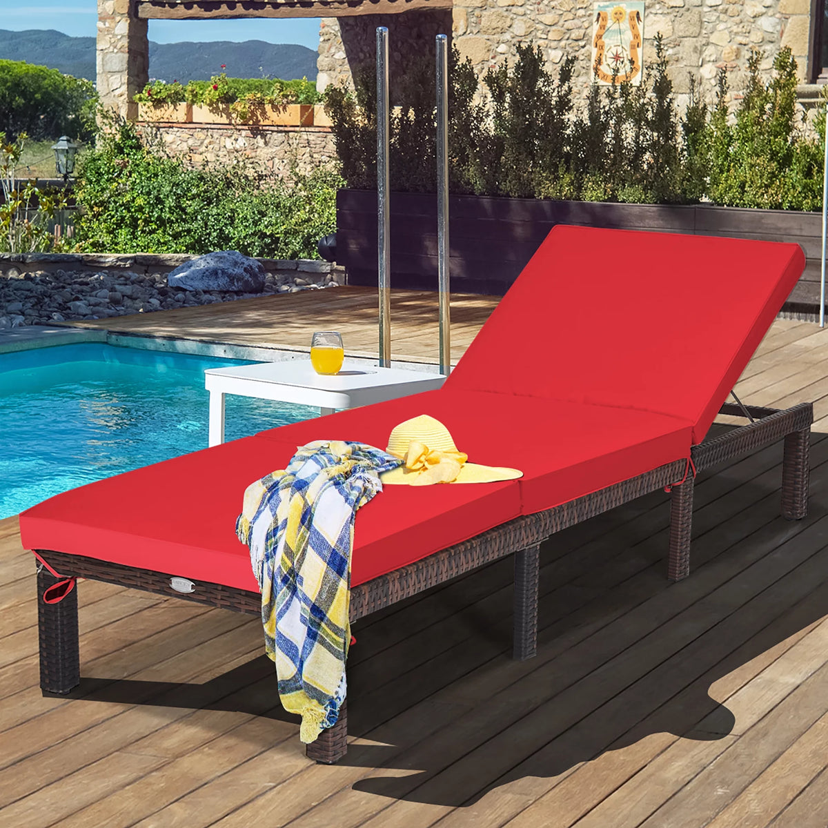 Red Adjustable Cushioned Rattan Chaise Lounge Chair M10180