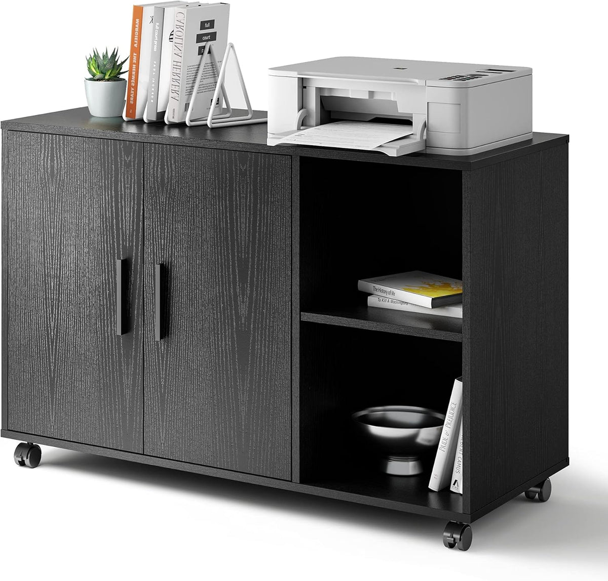 Black Wood Rolling File Cabinet with Dual Doors L10729