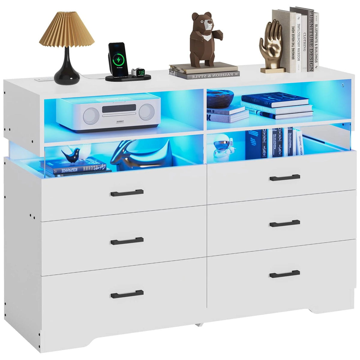White 6 Drawer Dresser with Charging Station S3475