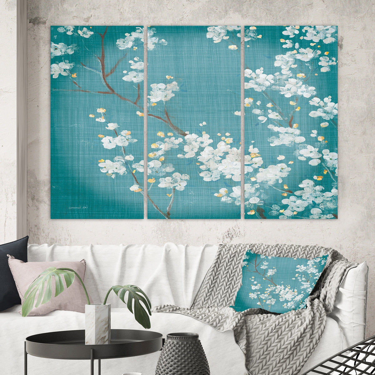 Blue Cherry Blossoms Cabin & Lodge Canvas Art 3 Panels N6193