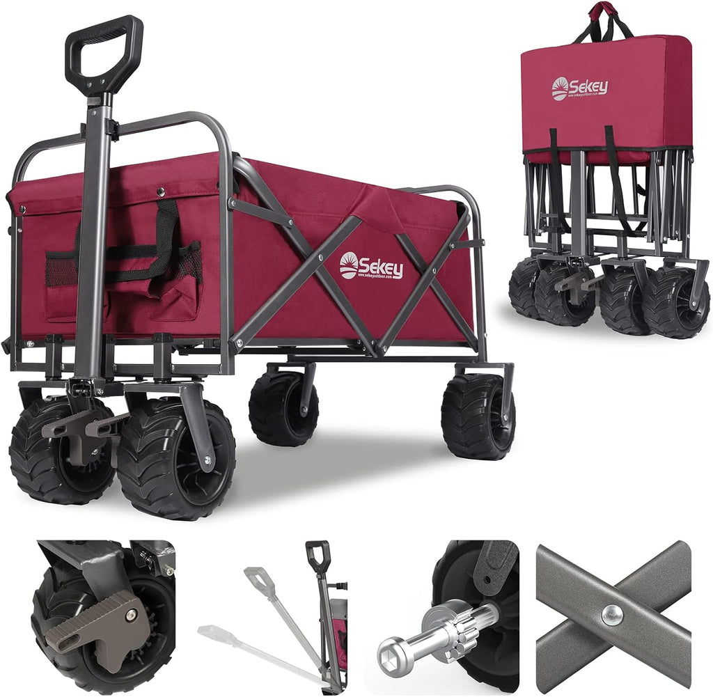 Red Collapsible Folding Wagon Cart with Brake, All Terrain Wheels V4810