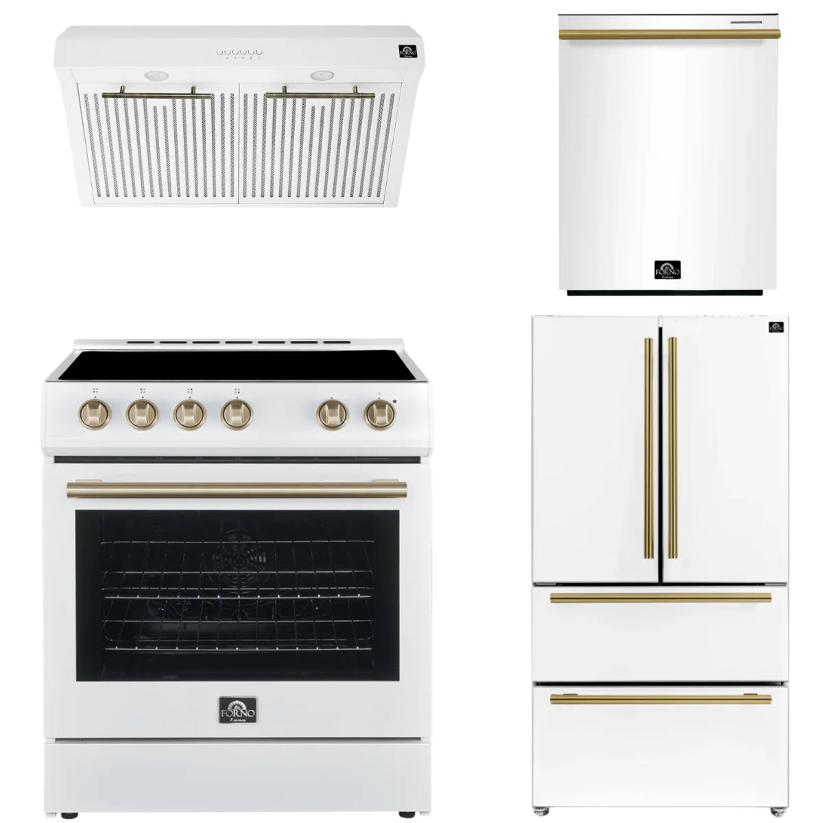 30 Electric Range, Range Hood, Refrigerator and Dishwasher in White L8600