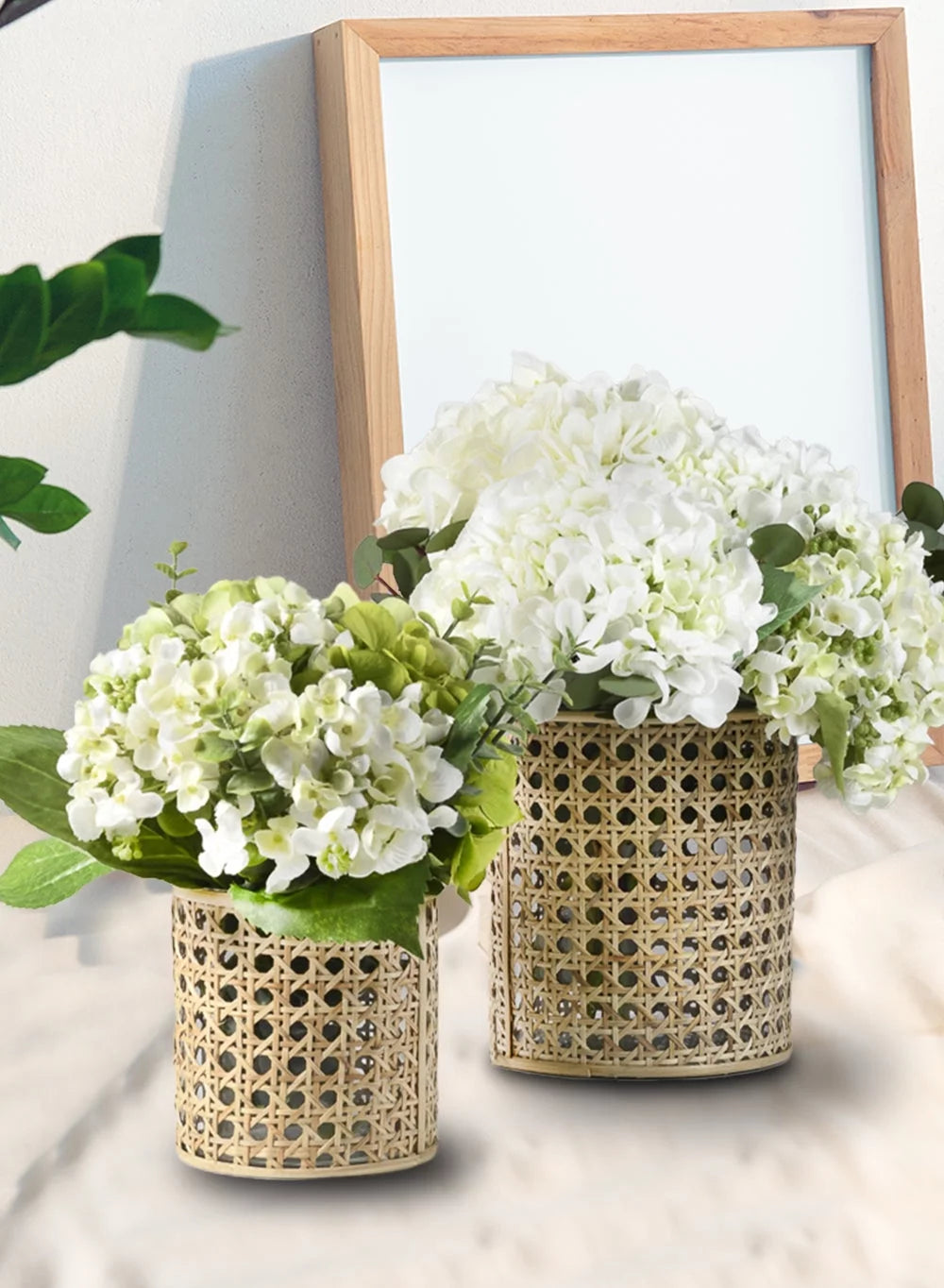 Glass Hurricane Candle Holder Wrapped in Woven Rattan Cane, 10" Tall & 5" Diameter M98695